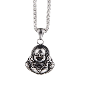 Collier avec pendentif bouddha rieur en acier inoxydable vintage et chaîne en blé tressée