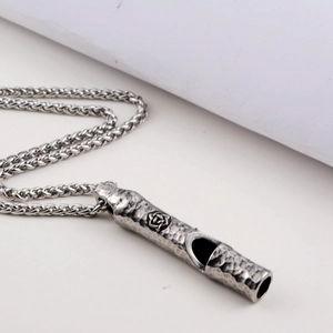 Retro whistle pendant necklace in stainless steel with vintage hammered texture