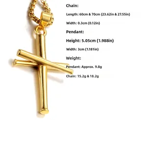 Golden baseball bat cross pendant necklace made of stainless steel with bead chain