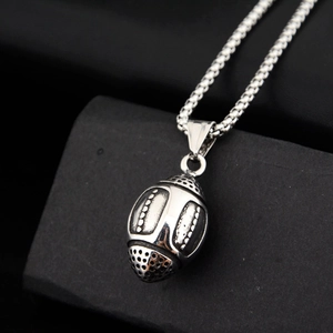 Retro silver football pendant necklace with box chain for men in stainless steel finish