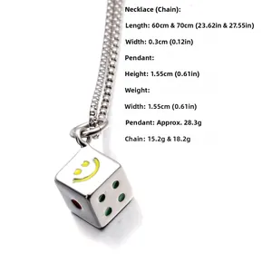 Detail view of steel dice pendant with yellow smiley face and 60cm or 70cm chain lengths