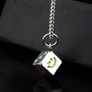 Silver stainless steel dice pendant necklace with yellow smiley face and ball chain