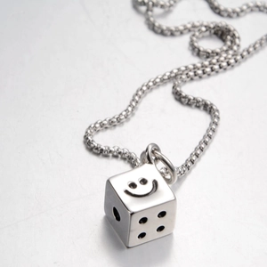 Polished silver stainless steel box chain necklace with a creative dice smiley pendant