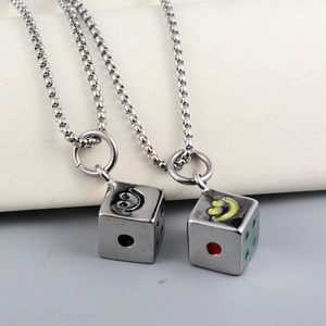 Dice cube pendant necklace with smiley face design and round pearl chain for men and women