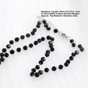 Detail of 44cm black beaded necklace with stainless steel chain showing size specifications