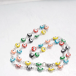 Colorful evil eye bead chain necklace in silver finish with vibrant enamel charms