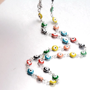Multicolor evil eye beaded necklace with polished silver steel chain and lobster clasp