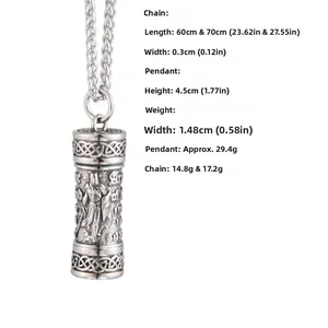 Detailed size chart showing cylinder pendant measurements and 60cm or 70cm chain lengths