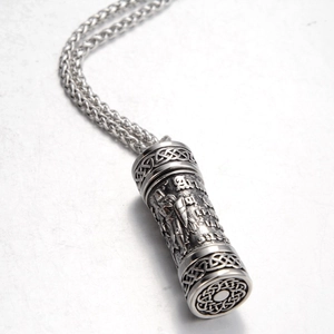 Vintage stainless steel cylinder perfume bottle necklace with Celtic knot engraving
