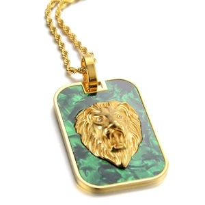 Detail view of 3D lion head pendant with green marble texture and gold twisted chain