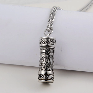 Close-up of Armor of God cylindrical pendant with Celtic knots on wheat chain