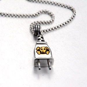 Punk style power plug pendant necklace with golden skull design and silver box chain