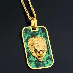 Lion head square pendant necklace with green malachite texture and golden chain