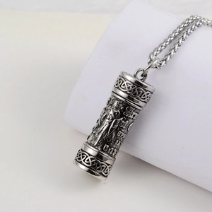 Vintage steel cylinder perfume bottle necklace with Armor of God engraving and wheat chain