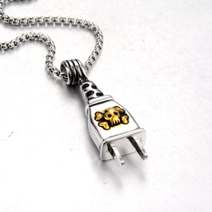 Skull plug pendant necklace in silver stainless steel with gold punk style skull motif