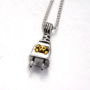Punk style stainless steel plug pendant necklace with golden skull and crossbones logo