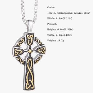 Detailed size specifications for bicolor Celtic Knot cross pendant with box chain
