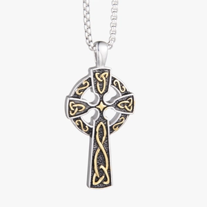 Vintage Celtic Knot cross pendant necklace in silver and gold tone stainless steel