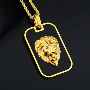 Men's hip hop gold lion head square pendant necklace with black enamel inlay and rope chain