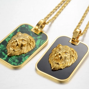 Vintage lion head square pendant necklaces in gold finish with black and green stone inlay