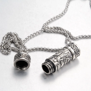 Viking style cylindrical perfume pendant necklace with vintage warrior relief patterns