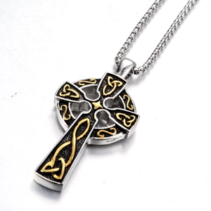 Close-up of Celtic Cross pendant with golden Triquetra knot and silver box chain detail
