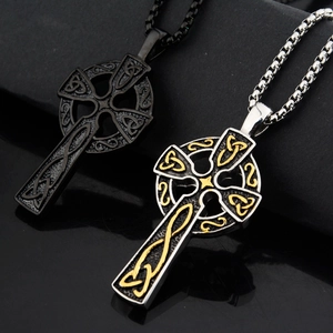 Retro Celtic Knot cross necklaces in matte black and polished silver stainless steel