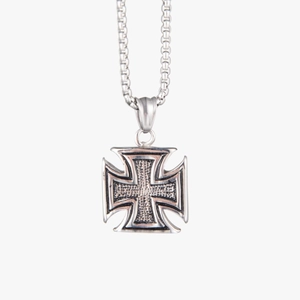 Retro stainless steel cross pendant necklace with oxidized finish on box chain link