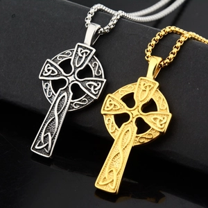 Retro Celtic knot cross pendant necklaces in gold and silver finish with fox chain