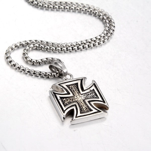 Polished stainless steel iron cross pendant with box chain in retro punk style