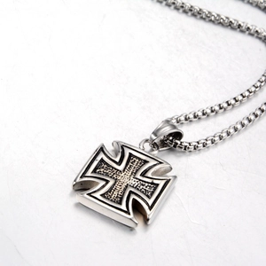 Gothic stainless steel iron cross pendant necklace with black sandblasted center for men