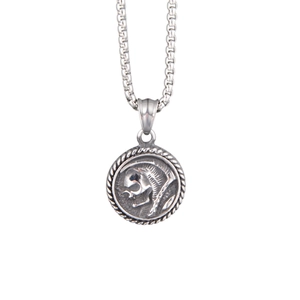 Vintage Viking skull pendant necklace in silver stainless steel with box chain for men