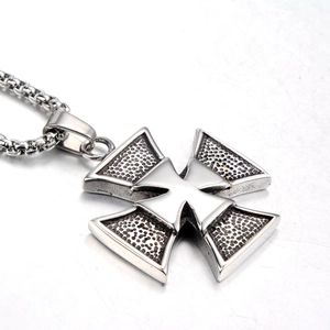 Men's silver Iron Cross pendant necklace with box chain and polished stainless steel finish