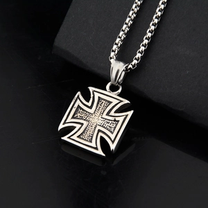Detail of the Iron Cross pendant in vintage stainless steel finish with a box chain