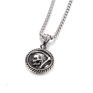 Vintage viking skull pendant necklace with box chain in polished stainless steel finish