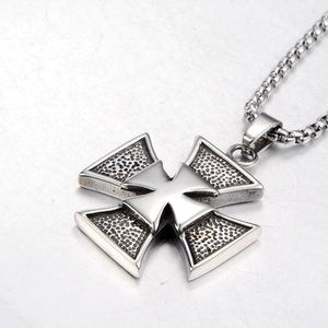 Silver iron cross pendant necklace with vintage texture and stainless steel box chain