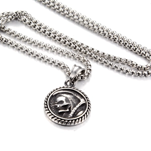 Vintage viking skull coin pendant necklace with stainless steel box chain for men and women