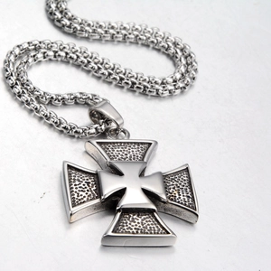 Vintage steel Iron Cross pendant necklace for men with a black matte textured finish