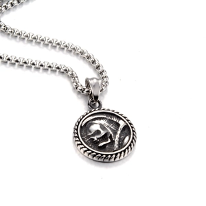 Vintage Viking skull pendant necklace in silver stainless steel with gothic reaper relief