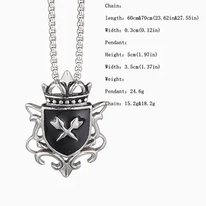 Detailed size chart showing dimensions for arrow shield pendant and chain length options