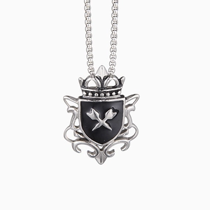 Gothic shield pendant necklace with crown and crossed arrows design in silver steel