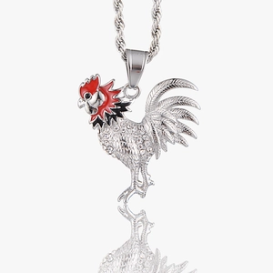 Sparkling rooster pendant necklace with cubic zirconia and red enamel on twisted chain