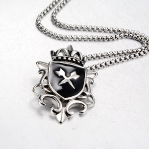 Retro punk crown shield pendant necklace with silver box chain for men and women