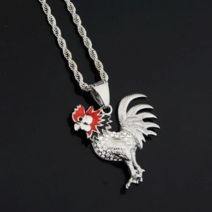 Silver rooster pendant necklace with red enamel and white crystals on a black rope chain
