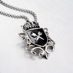 Retro stainless steel shield and crown pendant necklace with black enamel for men and women
