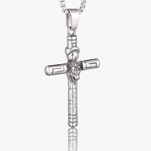 Collana con Ciondolo a Croce Testa di Leone in Acciaio Inossidabile Motivo Meandro Greco Gioielli Gothic Punk per Uomo Donna