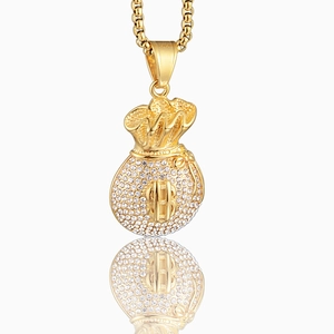 Hip Hop Stainless Steel Money Bag Pendant Necklace Pave Rhinestone Dollar Sign Gold Silver Plated Jewelry For Men Women