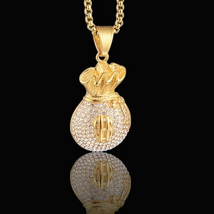 Hip hop money bag pendant necklace in gold finish with sparkling cubic zirconia stones