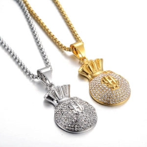 Hip hop money bag pendant necklace with cubic zirconia and dollar sign in gold and silver