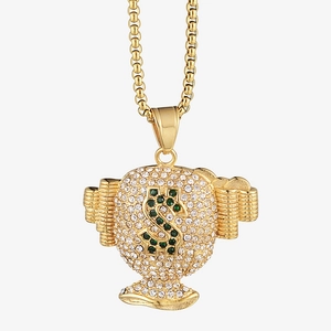 Collier avec pendentif sac d'argent doré hip hop serti de zircons et pierres précieuses vertes
